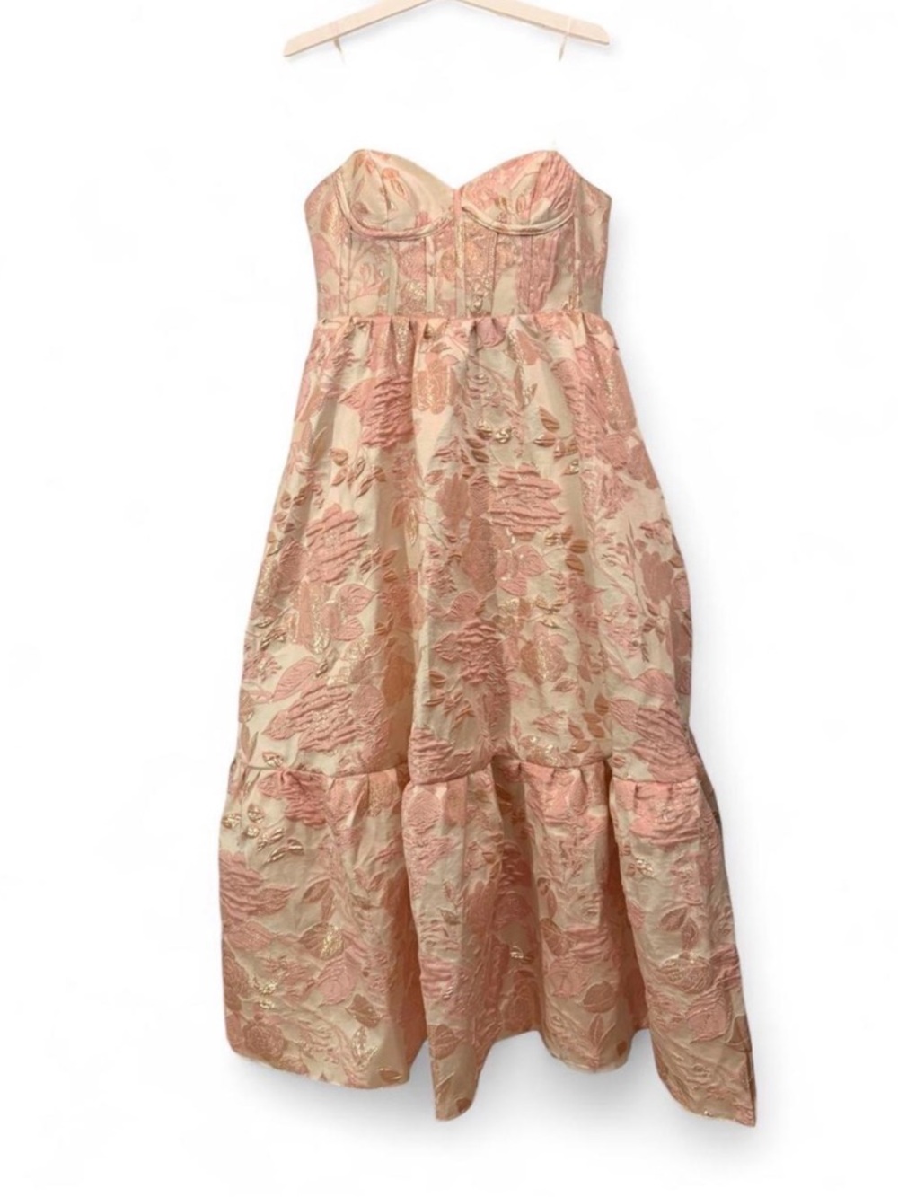Strapless Pink Floral Brocade Dress